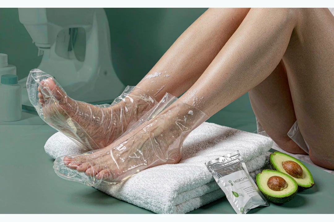 Avocado Foot Mask OEM booties worn by a female model with avocado extract serum, MOKSHA foil pouch beside
