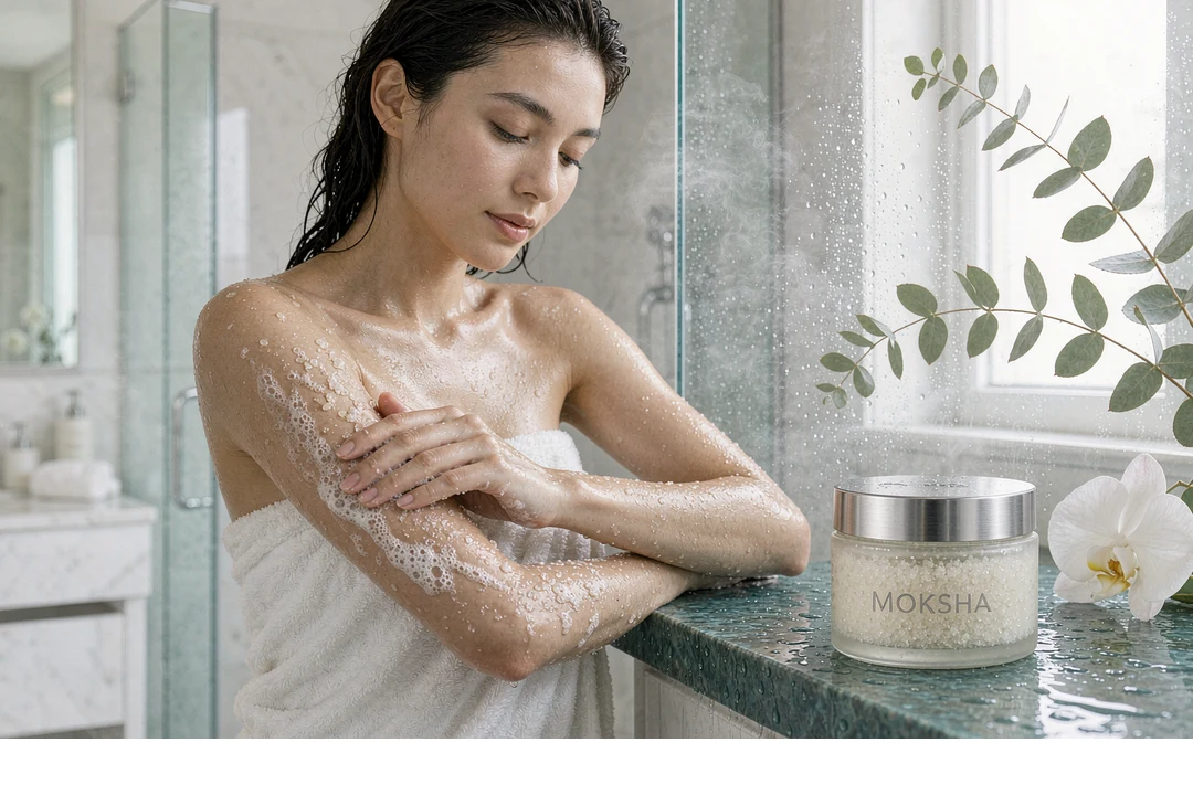 Candy Body Scrub OEM spa scene: model exfoliating arms with foamy sugar body scrub beside MOKSHA jar