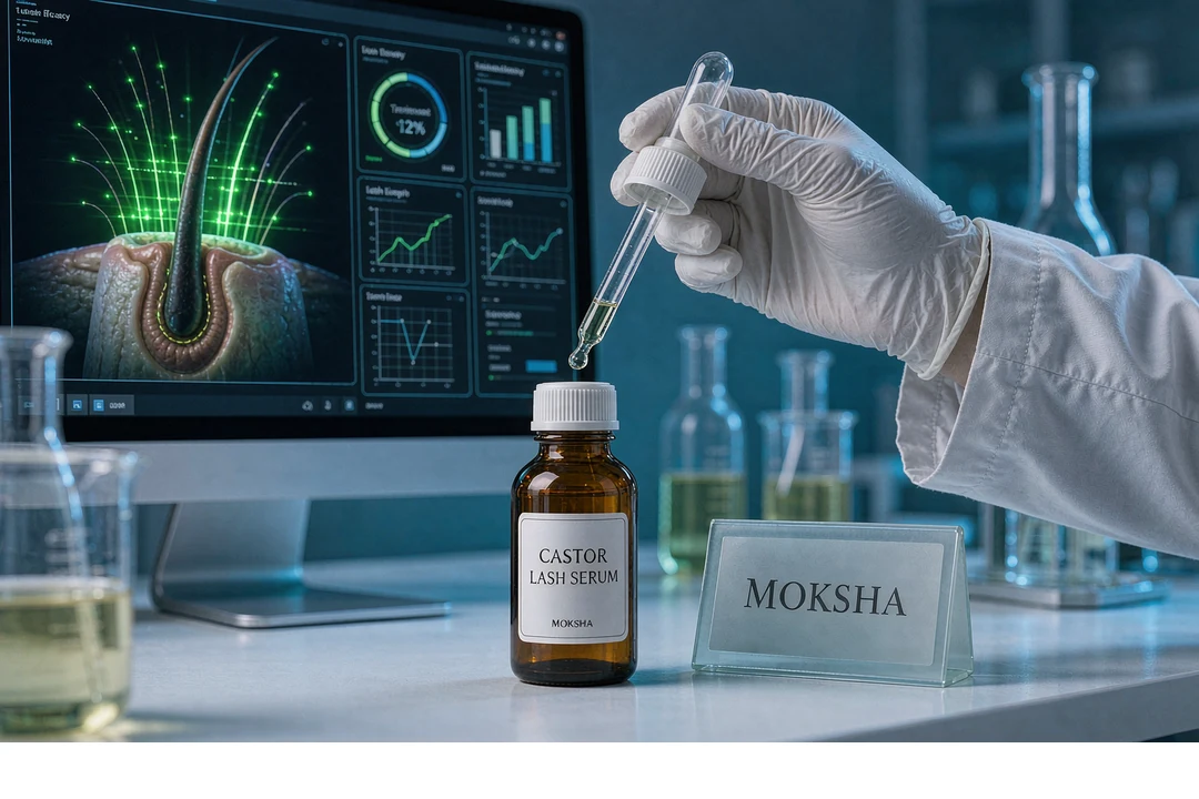 Castor Oil Eyelash Serum OEM lab research: MOKSHA castor lash serum dropper bottle with eyelash follicle data screen
