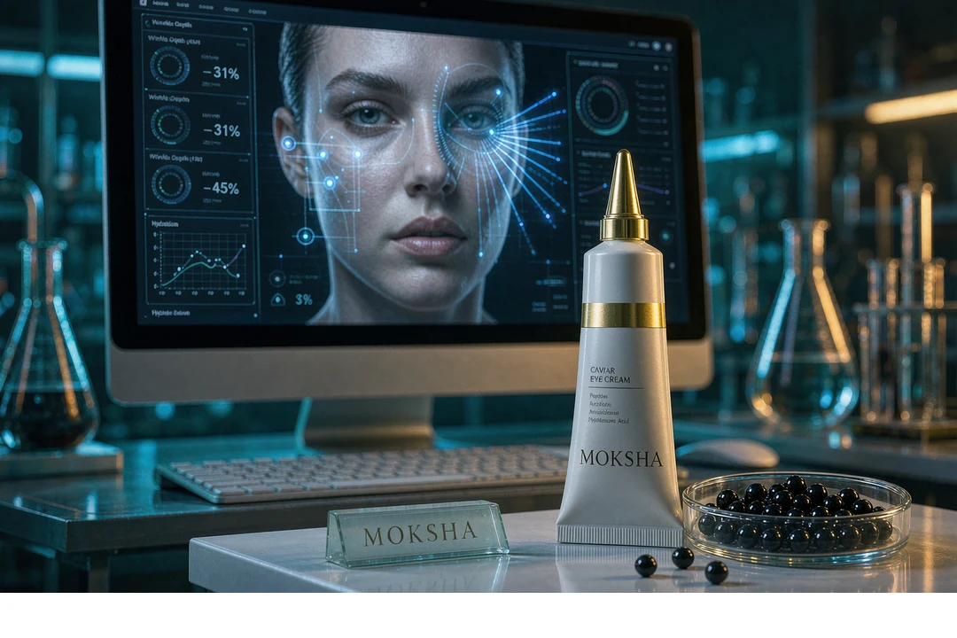 Caviar Eye Cream OEM lab research: MOKSHA caviar eye cream tube with wrinkle depth data screen