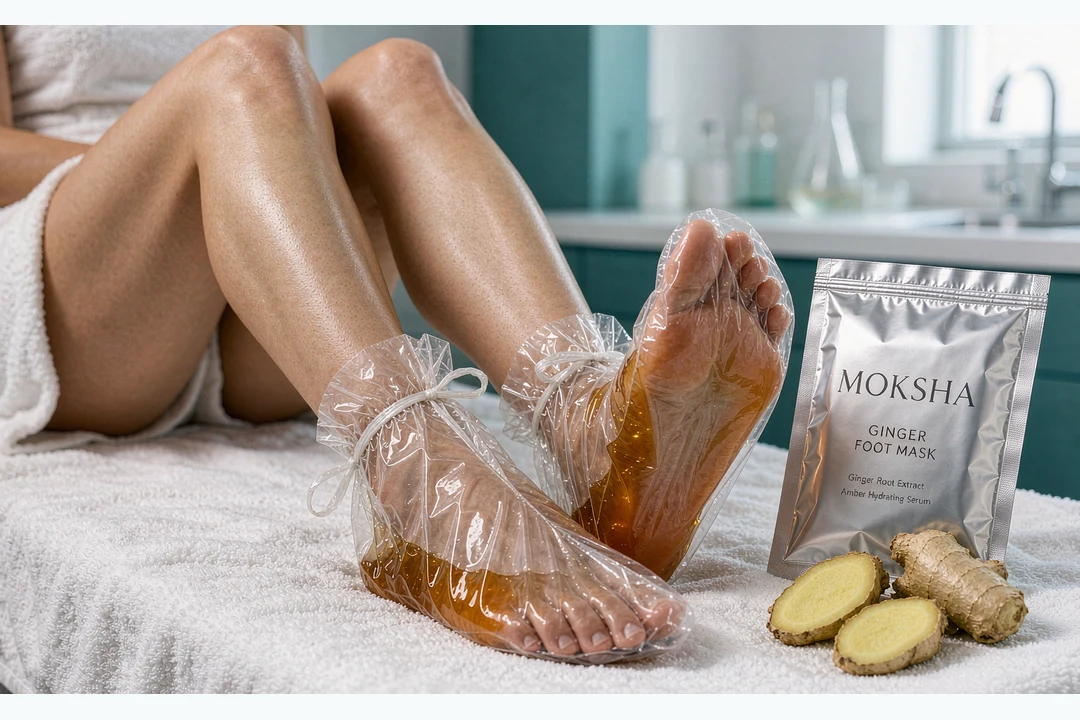Ginger Foot Mask OEM peeling booties worn by a female model with amber ginger serum, MOKSHA foil pouch beside