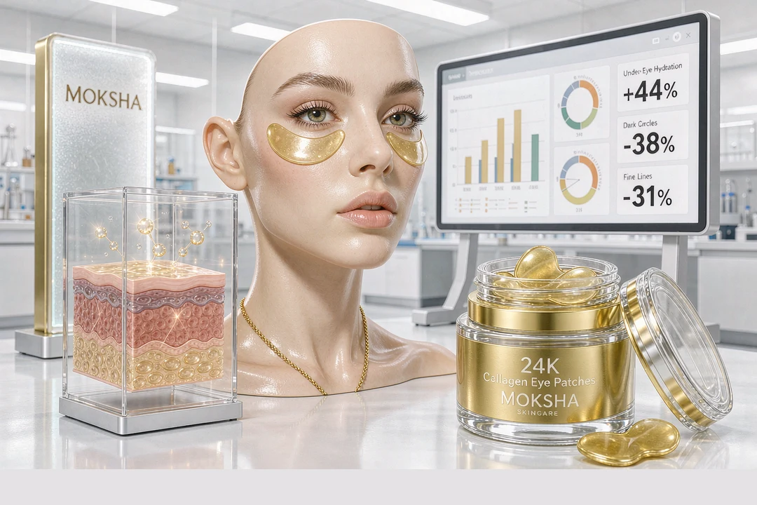 Gold Eye Mask OEM factory MOKSHA 24K collagen crystal eye patches with under-eye hydration data screen