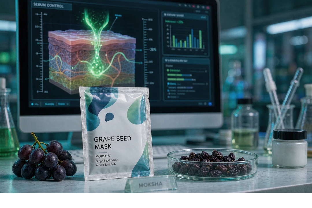Grape Seed Face Mask OEM lab research: MOKSHA grape seed mask sachet with skin penetration data screen