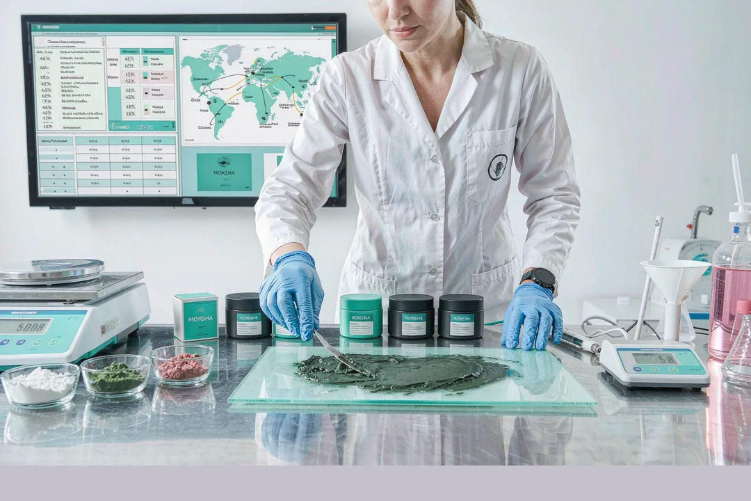 Mud Mask OEM factory laboratory: kaolin, bentonite and rose clay samples beside MOKSHA mask jars and pH meter