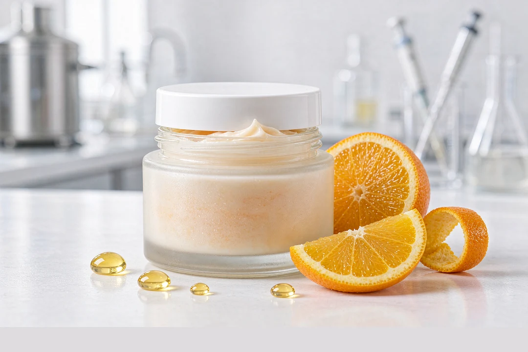 Vitamin C Face Cream OEM factory laboratory MOKSHA brightening face cream jar and oranges